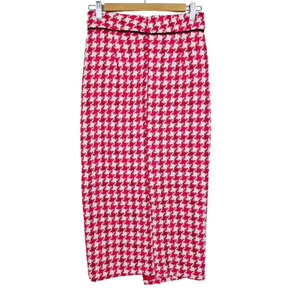 ZARA Tweed Textured Weave Houndstooth Faux Wrap Slit Midi Skirt Raspberry Pink S - Picture 9 of 16